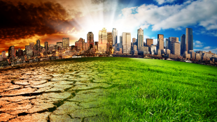 Urban skyline with earth brown to green signalling climate change