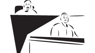 Judge sitting behind bench (illustration)